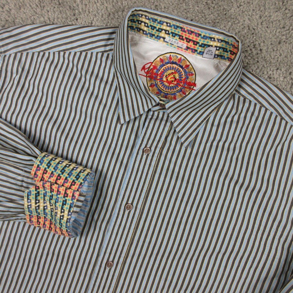 Robert Graham Shirt Mens Xl Blue Striped Flip Cuff Cocktail Party Button Up EUC